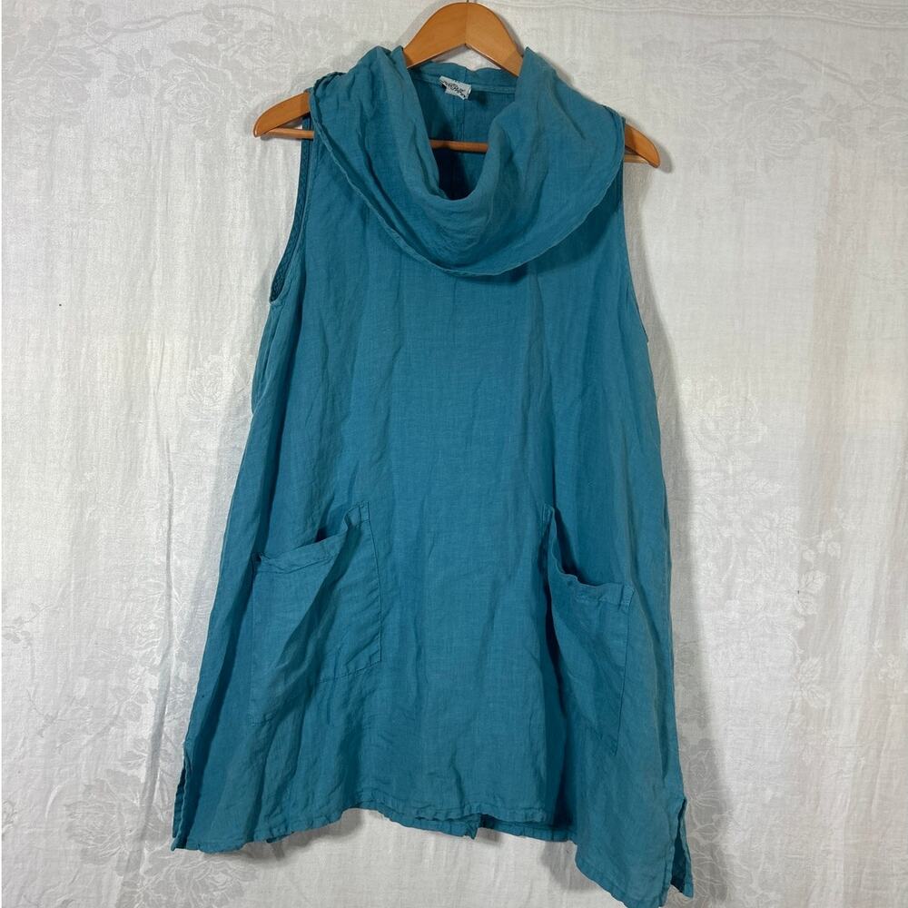 Match Point USA Tunic Small Teal Cowl Neck 100% Linen Patch Pockets Asymmetric